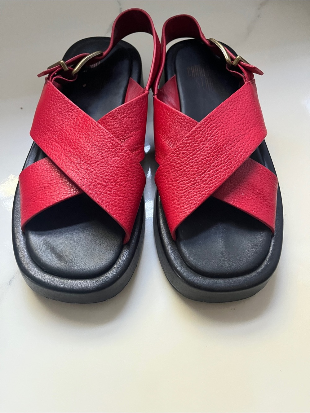 Charlotte Stone Red Leather Crisscross Slingback Sandals